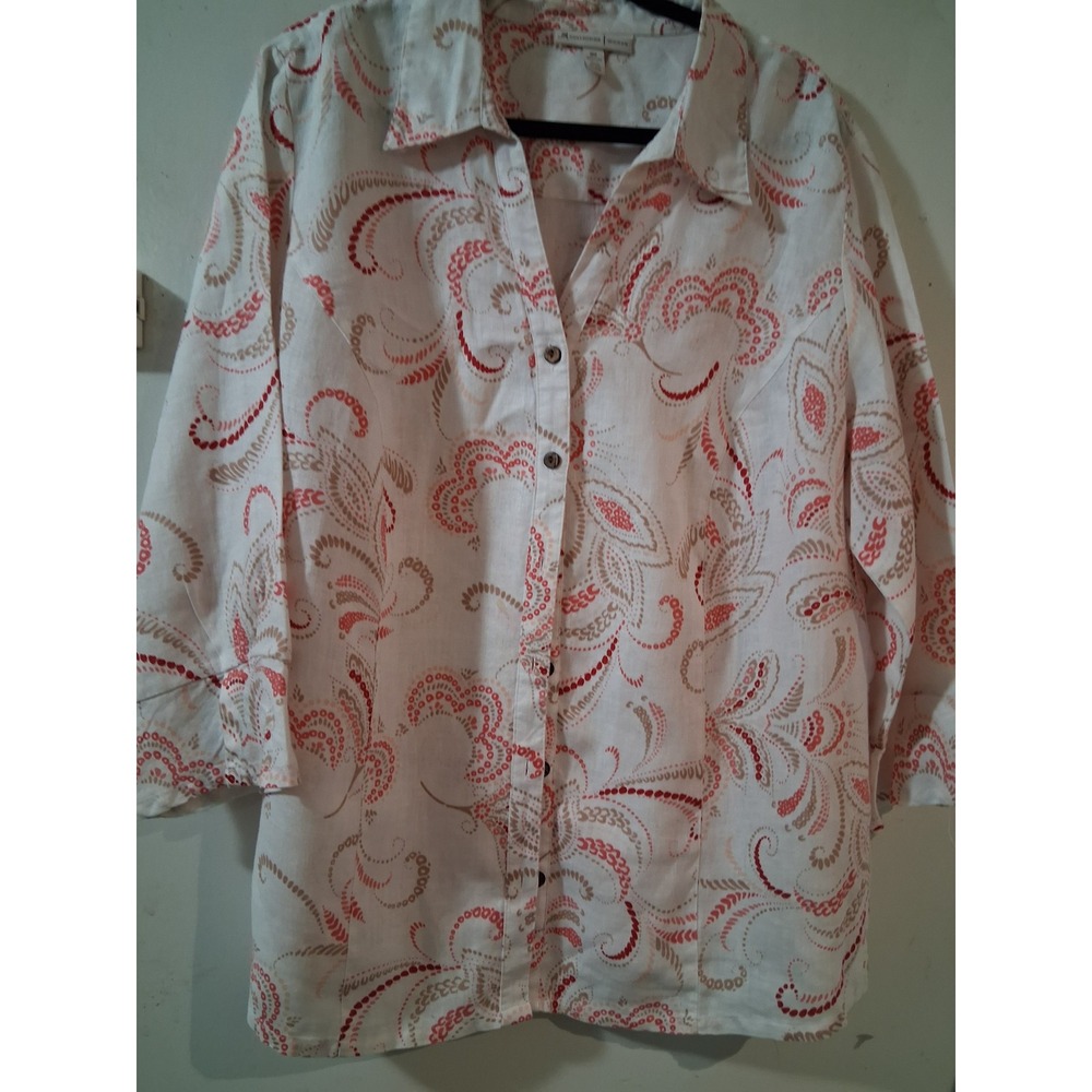 JM Collection Woman 18W Linen Button Down Shirt Paisley 3/4 Sleeve White Red